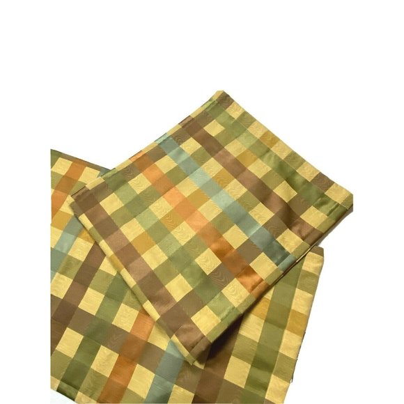 Vintage 90s Custom Made Cafe Tier Curtains Valance Plaid Gold Brown Orange Plaid - Picture 5 of 6